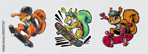 Vector set of squirrel skateboard tricks, Generative AI