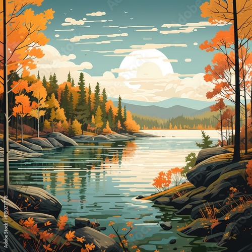 Vector illustration of an autumn landscape, lake at sunset, reflection on the water
