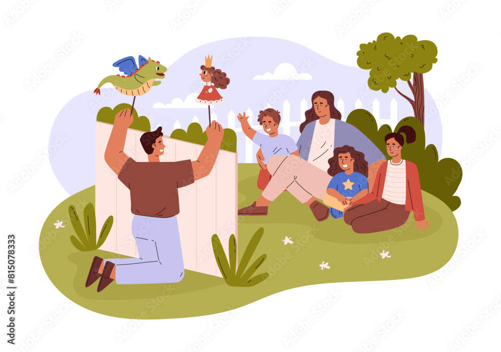 Naklejka premium Man performs the puppet show for children on the lawn vector illustration, cute outdoors dragon and princess toy theater