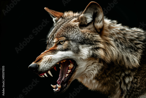 A wolf with its mouth open and its teeth bared