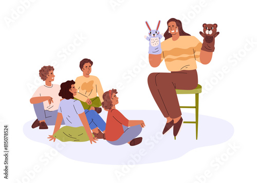 Woman performs the hands puppet show for children vector flat illustration, cute animal toys theater isolated on white