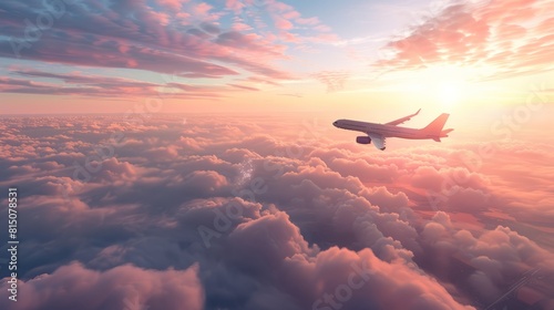 Airplane flying over clouds, embodying global travel, tourism, and leisure, clear summer sky background, concept of holiday planning, vibrant colors, wide angle, AI Generative hyper realistic  photo