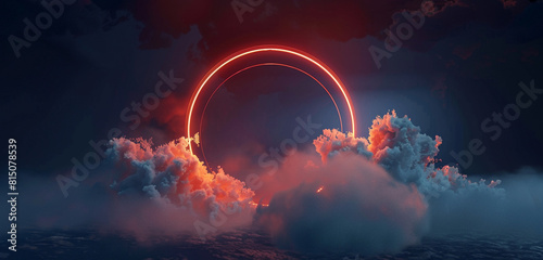 Pink neon light ring creates a vibrant halo around a cloud in the dark sky, 3D framed.