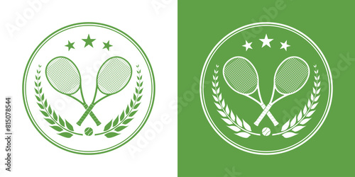 Tennis club logo, icon or badge with crossed rackets and tennis ball. Sport symbol design. Vector illustration.