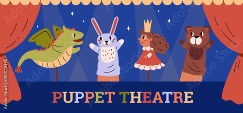 Vector illustration of a puppet theater stage with puppets acting out a fairy-tale performance.