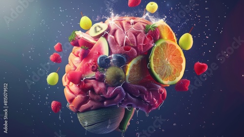 Brain with fruits  concept of healthy living and eating healthy food hyper realistic 