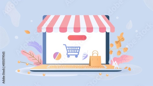 A colorful digital illustration showing a laptop with a shopping cart icon on the screen  representing online shopping and e-commerce
