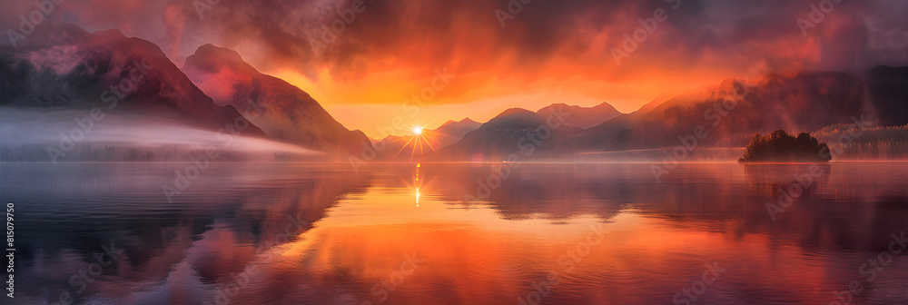 Majestic Sunrise Over Misty Mountains Reflected on Calm Waters