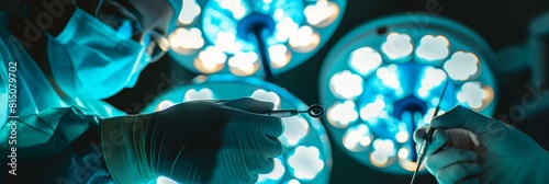 Hands of a surgeon holding surgical instruments with operating lights in the background Focus on surgical precision
