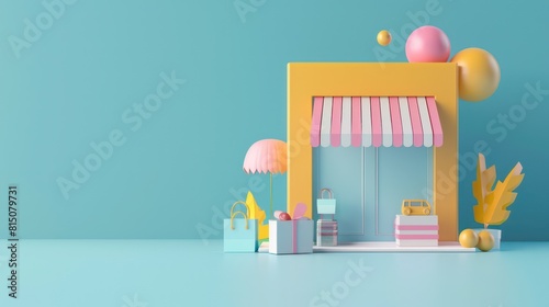 A 3D illustration of a miniature toy store with striped awning, shopping bags, and playful accessories on a soft blue background