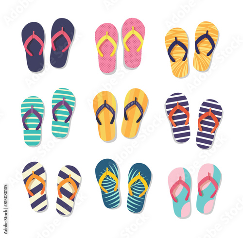 Colorful flip flops icons set, vector illustration. Top view 