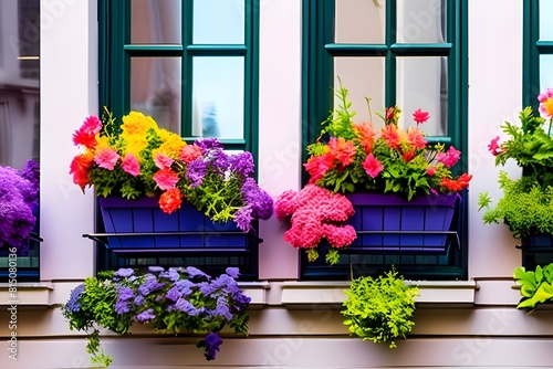 Flower filled window boxes. Closeup of colorful blooming flowers in window planters boxes adorning city building. Urban gardening landscaping design