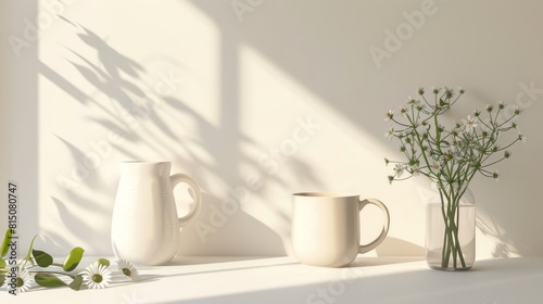 Eco-conscious decor  mug and vase with blooms on white  minimalist ethos  clean and airy  AI Generative hyper realistic 