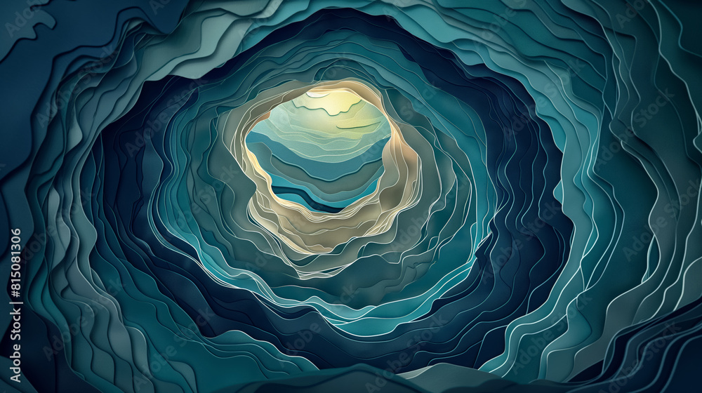 Obraz premium Layered paper in shades of blue and teal, creating a deep, spiraling tunnel effect that draws the eye toward a luminous yellow center.