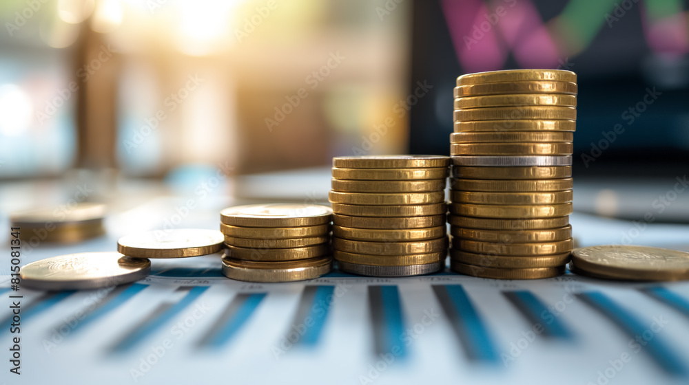 Rising stacks of gold coins on a financial graph, symbolizing economic growth and investment, with a blurred office background emphasizing financial planning. Rising stacks of gold coins on a financial graph, symbolizing economic growth and investment, with a blurred office background emphasizing financial planning.