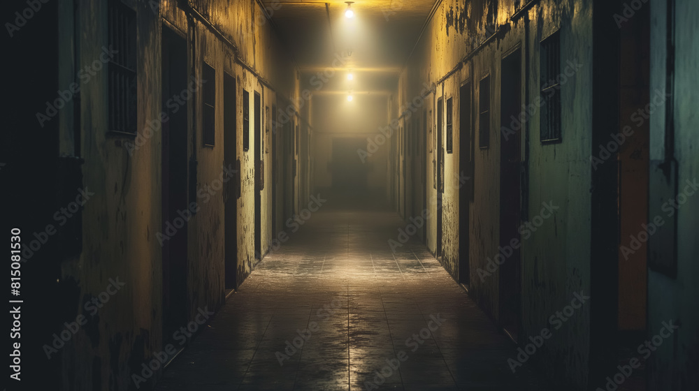 Creepy, dimly lit hallway with peeling paint and closed doors, invoking a sense of mystery and fear, typical of an abandoned building with a haunting, suspenseful atmosphere. Creepy, dimly lit hallway with peeling paint and closed doors, invoking a sense of mystery and fear, typical of an abandoned building with a haunting, suspenseful atmosphere.