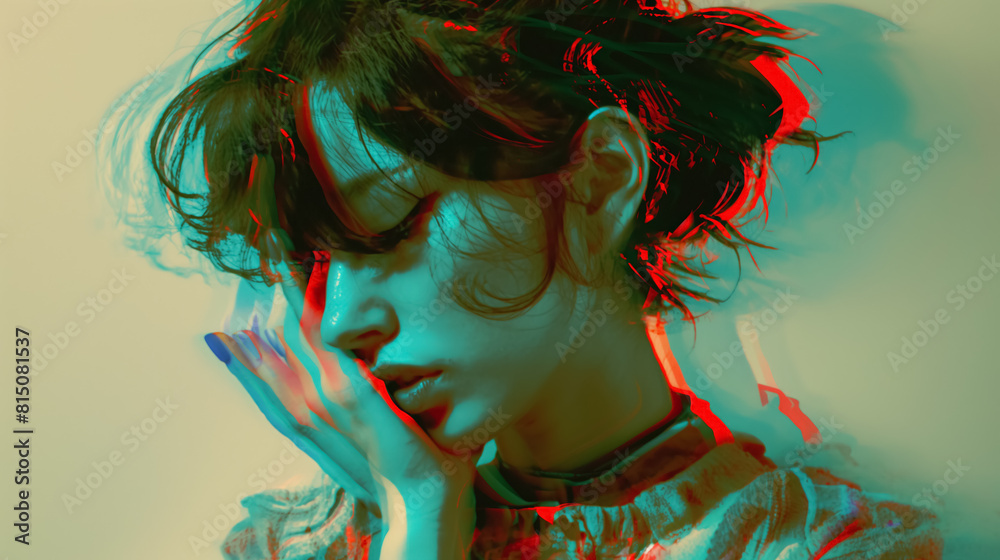 Φωτογραφία Woman in anaglyph 3D effect, looking pensive and introspective, with red and blue color distortions adding a modern and artistic touch to her emotional expression