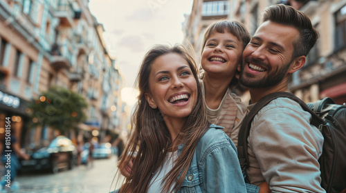 A family of three smiling and posing for a picture on a city street photo
