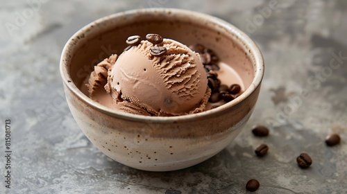 A scoop of rich coffee ice cream in a ceramic bowl, garnished with espresso beans for an extra caffeine kick. photo