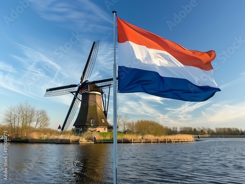 A peaceful scene of a windmill in the Dutch countryside with the Netherlands flag in the breeze