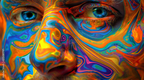 Face artistically covered in a psychedelic color pattern, creating a stunning visual effect that blurs the lines between reality and artistic expression.