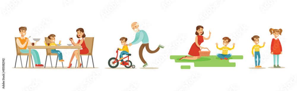 Parent with Kid Spending Happy Time Together Vector Set Parent with Kid Spending Happy Time Together Vector Set
