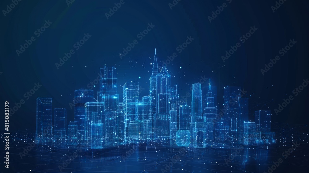 Low poly wireframe of a smart city abstract or metropolis. Intelligent building automation system business concept. Polygonal space with dots and lines. Vector. hyper realistic 