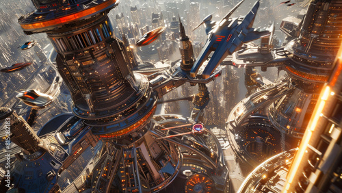 A futuristic city from above with flying vehicles around