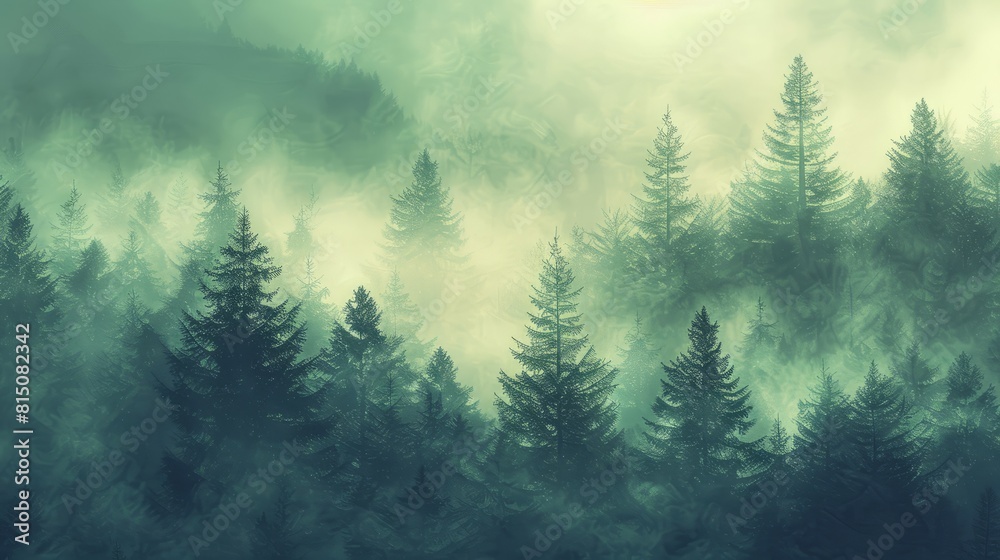 Misty landscape with fir forest in vintage retro style. Generative AI hyper realistic 