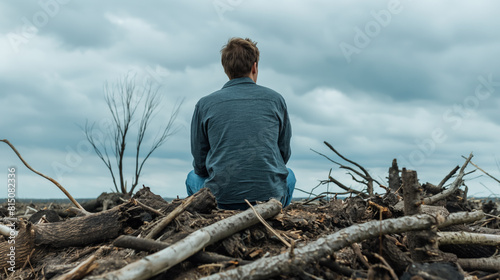 Man sits alone on a pile of deadwood, gazing out over a barren, treeless landscape under cloudy skies, reflecting a mood of contemplation and solitude. photo