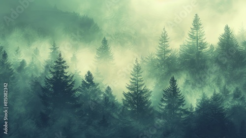 Misty landscape with fir forest in vintage retro style. Generative AI hyper realistic  photo