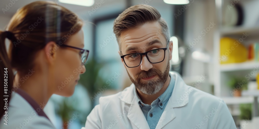 Two professionals engaging in a discussion in an office setting with their faces obscured for privacy