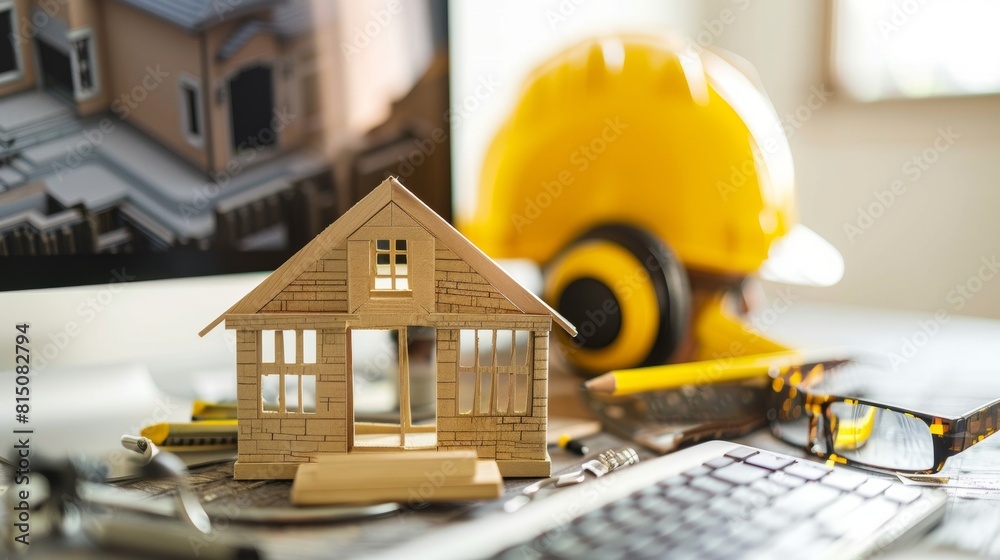 Desk with miniature house model, hard hat, blueprints, and tools Desk with miniature house model, hard hat, blueprints, and tools