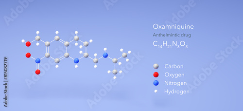 oxamniquine molecule, molecular structures, anthelmintic drug, 3d model, Structural Chemical Formula and Atoms with Color Coding