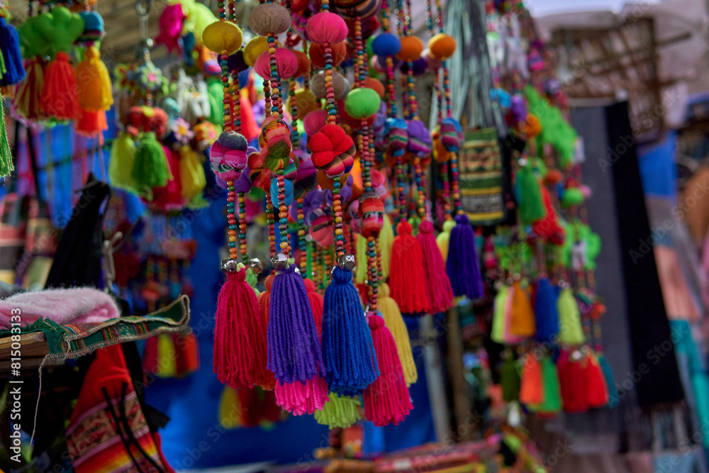 colorful wool souvenirs at an artisans' market in Humahuaca, Jujuy, Argentina