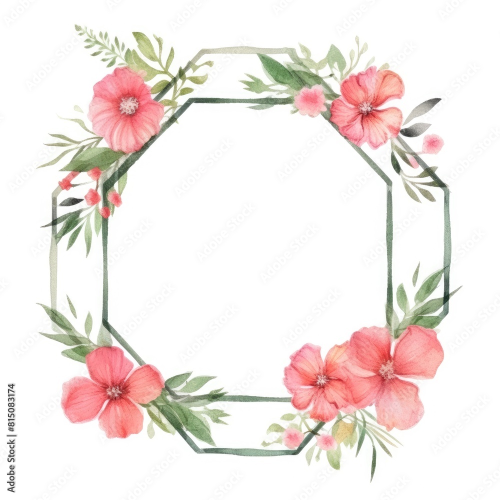 Geometric pastel watercolor frame with pink flowers and green leaves. Hexagon picture frame decorated with pink flower. Modern botany concept for wedding invitation and home decor design. AIG35.