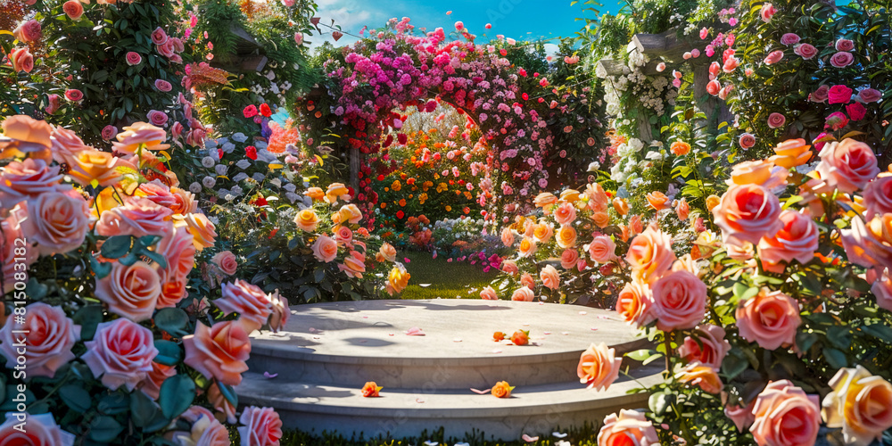 Fototapeta premium Rock podium for product showcase with Fantasy natural flower scene .