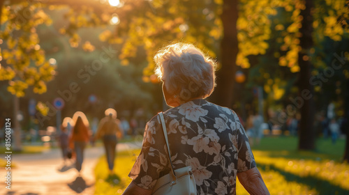 elderly woman walking in a park during summer, some other people in the background enjoying sunny summer weather. Aged woman in good health. Active lifestyle. Retirement. Senior in good health. 