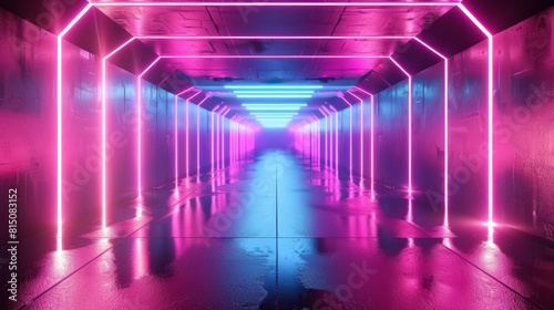 Sci Fy neon glowing lines in a dark tunnel. Reflections on the floor and ceiling. Empty background in the center. 3d rendering image. Abstract glowing lines. Techology futuristic background.