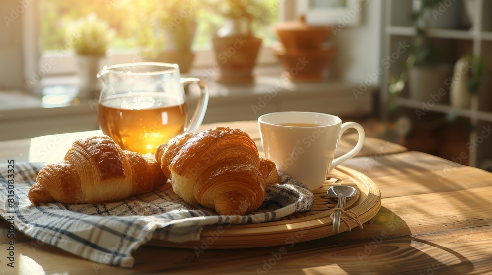 Breakfast concept, fresh croissants and cups with hot drink on wooden table with sunlight on kitchen interior background Breakfast concept, fresh croissants and cups with hot drink on wooden table with sunlight on kitchen interior background