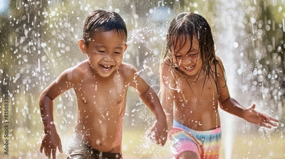 Obraz premium Cheerful Children Playing in Summer Water Sprinkles