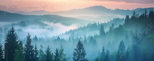 Mystical forest landscape with dense fog and layered mountain backdrop at twilight.