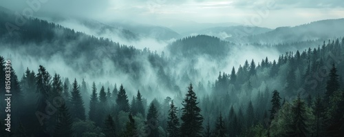 Ethereal morning mist over lush forest landscape with distant mountains and soft lighting