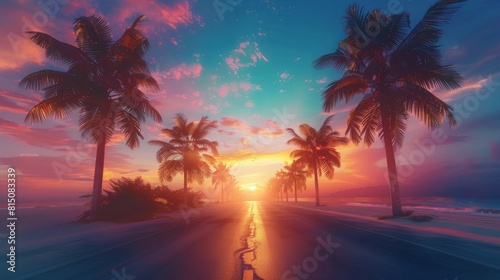 Smoothly moving infinite road with palm trees on both sides with a sunset sky in a bottom view Background. Carefree summer rest concept on vertical video hyper realistic 