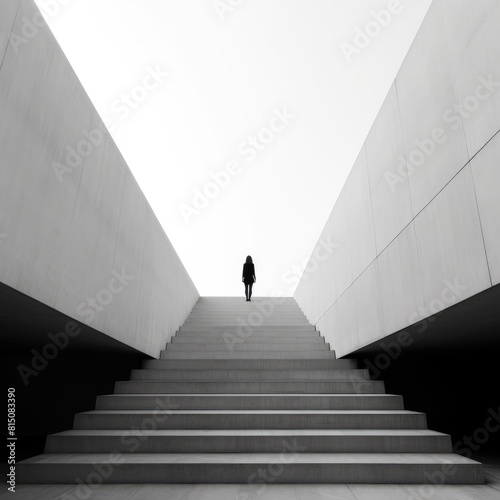 Woman ascending modern architectural stairs with monochrome filter. Young people standing at staircases and prepare for walking to office or workplace. Minimalist and conceptual design. AIG35. © Summit Art Creations