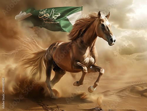 A portrait of an Arabian horse galloping in the desert with the Saudi Arabian flag in the background