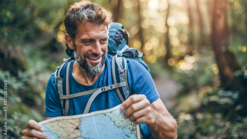 Fototapeta premium Strong man trekking on mountain , explore nature .