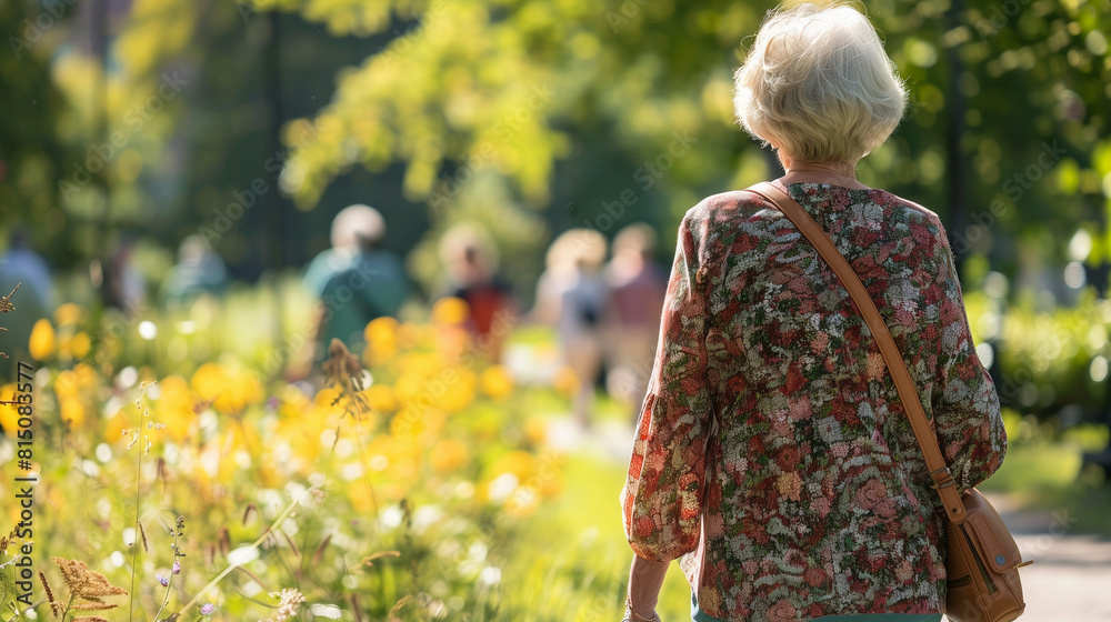 elderly woman walking in a park during summer, some other people in the background enjoying sunny summer weather. Aged woman in good health. Active lifestyle. Retirement. Senior in good health. elderly woman walking in a park during summer, some other people in the background enjoying sunny summer weather. Aged woman in good health. Active lifestyle. Retirement. Senior in good health.
