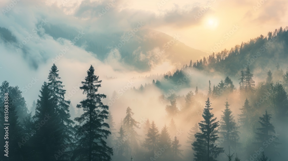 Scenic sunrise over misty forest landscape with soft pink skies and mountain silhouette.