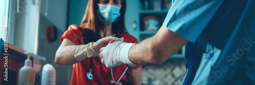 A focused shot showing a patient's arm being wrapped with a bandage by a healthcare professional photo